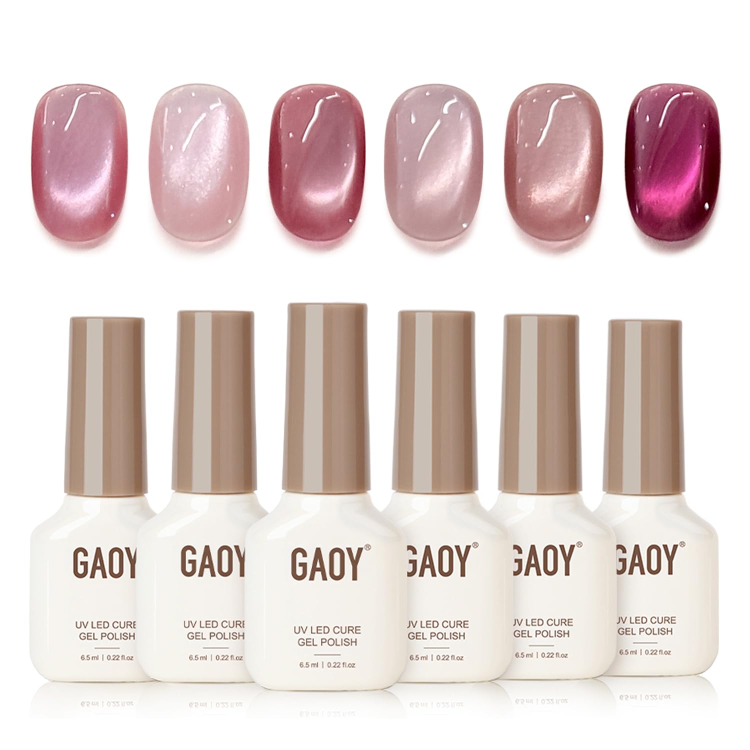 GAOY Pink Cat Eye Gel Nail Polish Set 6 Colors with Magnet, Crush Worthy | Valentine's Date Night Nails, Sweet & Spicy, Glass Holographic Glitter, Salon Gel Manicure Pedicure, UV Lamp Required