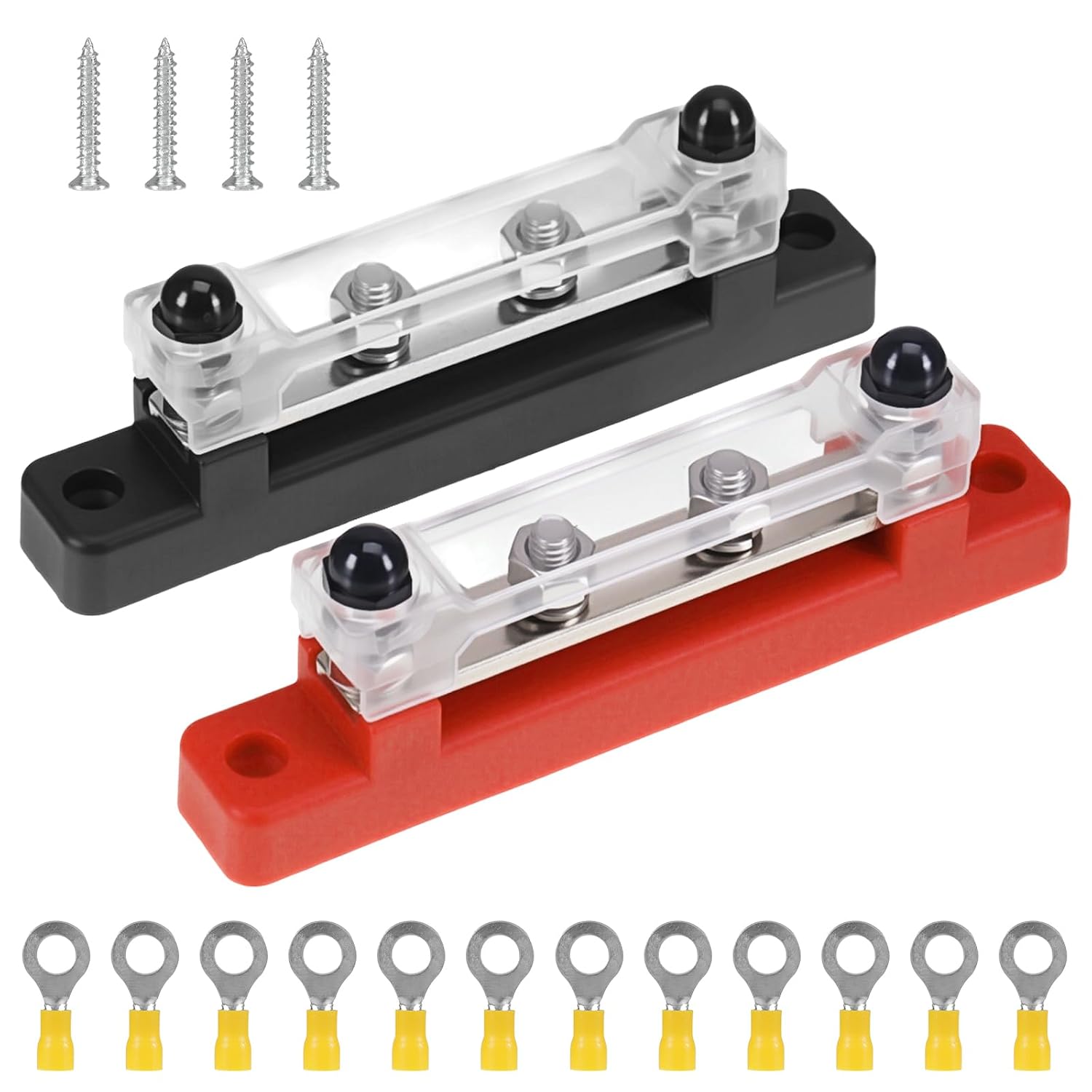 12V-48V Bus Bar Terminal Block with Cover 2Pcs Busbar Power Distribution Block with 4 x M8 TerminalStuds, Heavy Duty Busbar Stud TerminalJunction Blocks for car RV Yacht Boat (Red + Black)