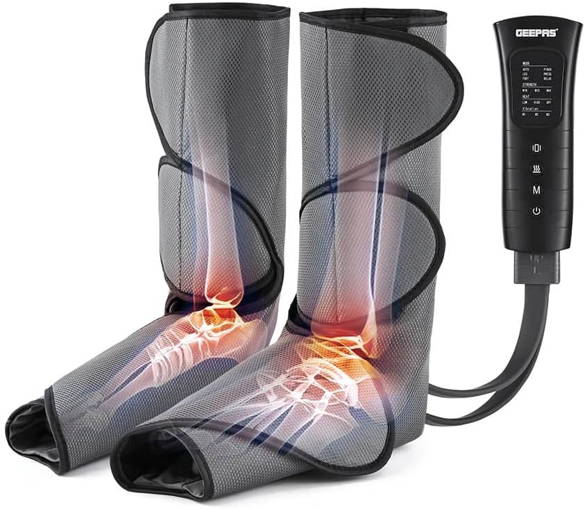 GEEPAS Leg Massager with Air Compression | Foot & Calf Massage Machine with Hand-held Controller 6 Modes 3 Intensities | Adjustable Leg Wraps for Pain Relief & Relaxation | 2 Year Warranty, Black