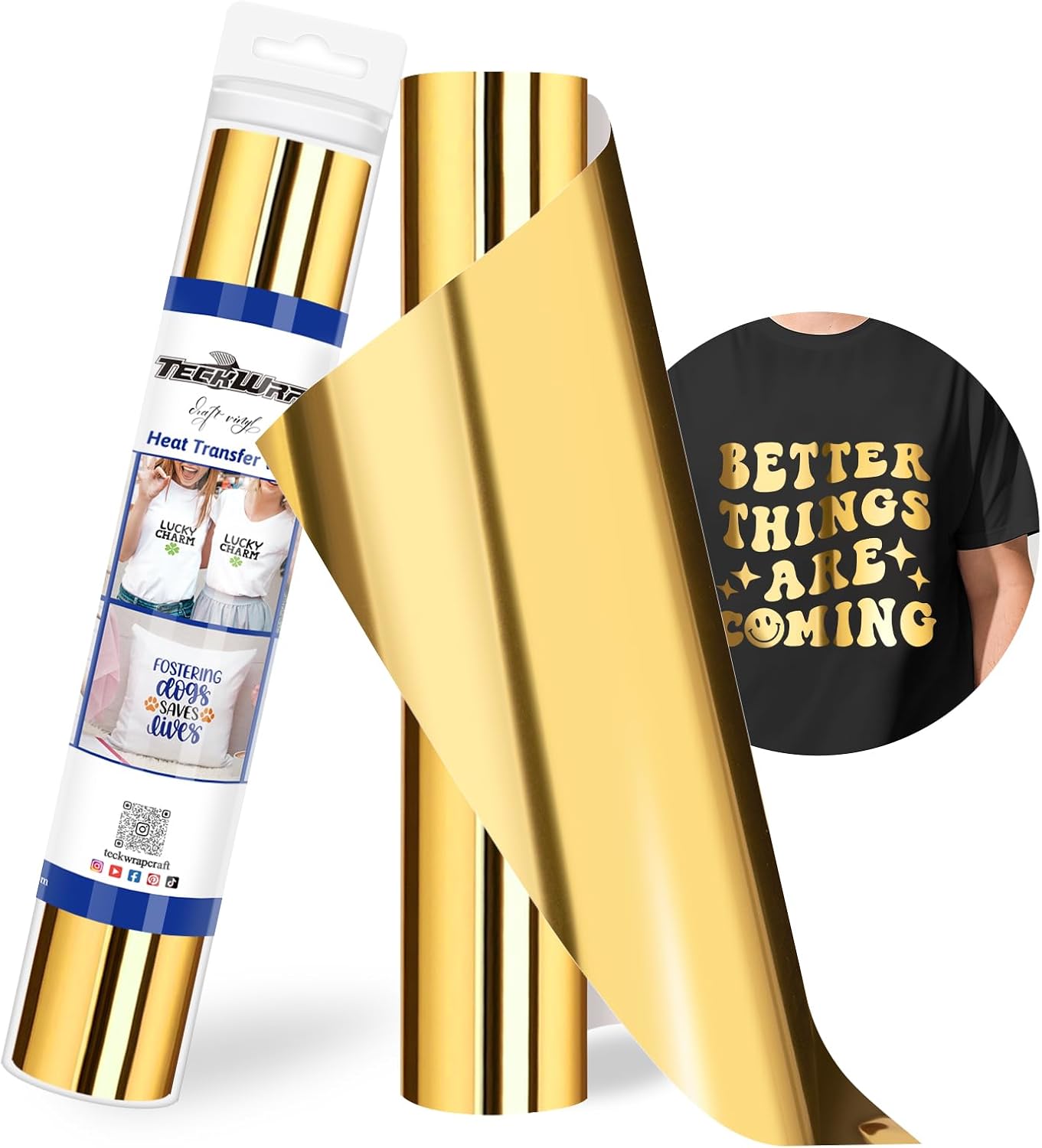 TECKWRAP PU Metallic Heat Transfer Vinyl Roll 12" x 5ft Chrome Gold HTV for DIY Clothing,T-Shirts,Fabric Foil Iron on Vinyl Compatible with Heat Press Craft Cutters