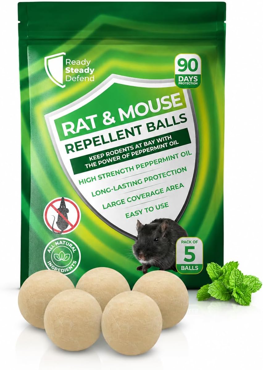 Rat & Mouse Repellent Balls - 5 Pack | Peppermint Oil Mice Repellent | Effective Rat Repellent Indoor Rodent Control | Easy to Use Mouse Deterrent | Powerful Pest Control Solution for Home