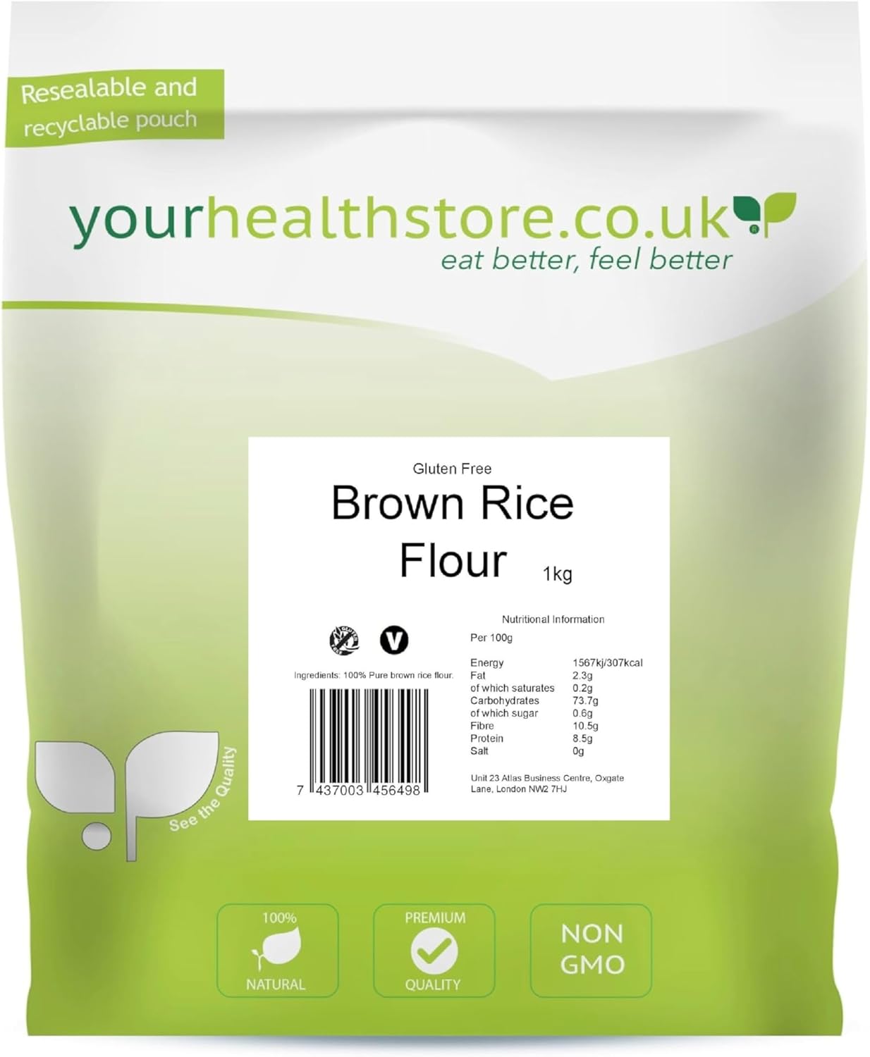 yourhealthstore Brown Rice Flour 1kg, Gluten Free, Stone Ground, Wholegrain, (resealable and recyclable pouch).