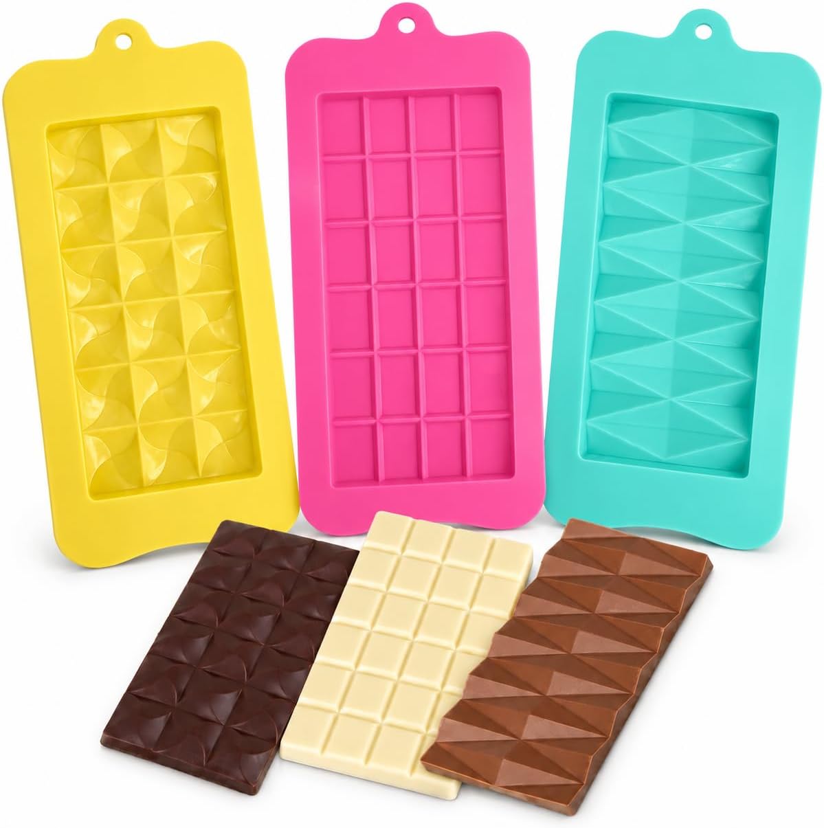 3-Pack Silicone Chocolate Moulds – Colourful Assorted Shapes for DIY Chocolate Bars, Candy, Jelly, Party Treats – Food Grade Non-Stick Molds for Baking & Gifting (1 Pack - 3pcs)