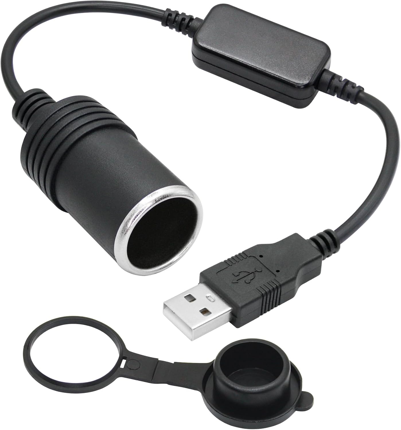 USB A Male to Cigarette Lighter Female Socket Power Cable 1FT, 5V USB to 12V Cigarette Lighter Socket Female Converter Adapter with Dust Cap, for Dash Cam, GPS and Other Low Power 10W Car Electronics