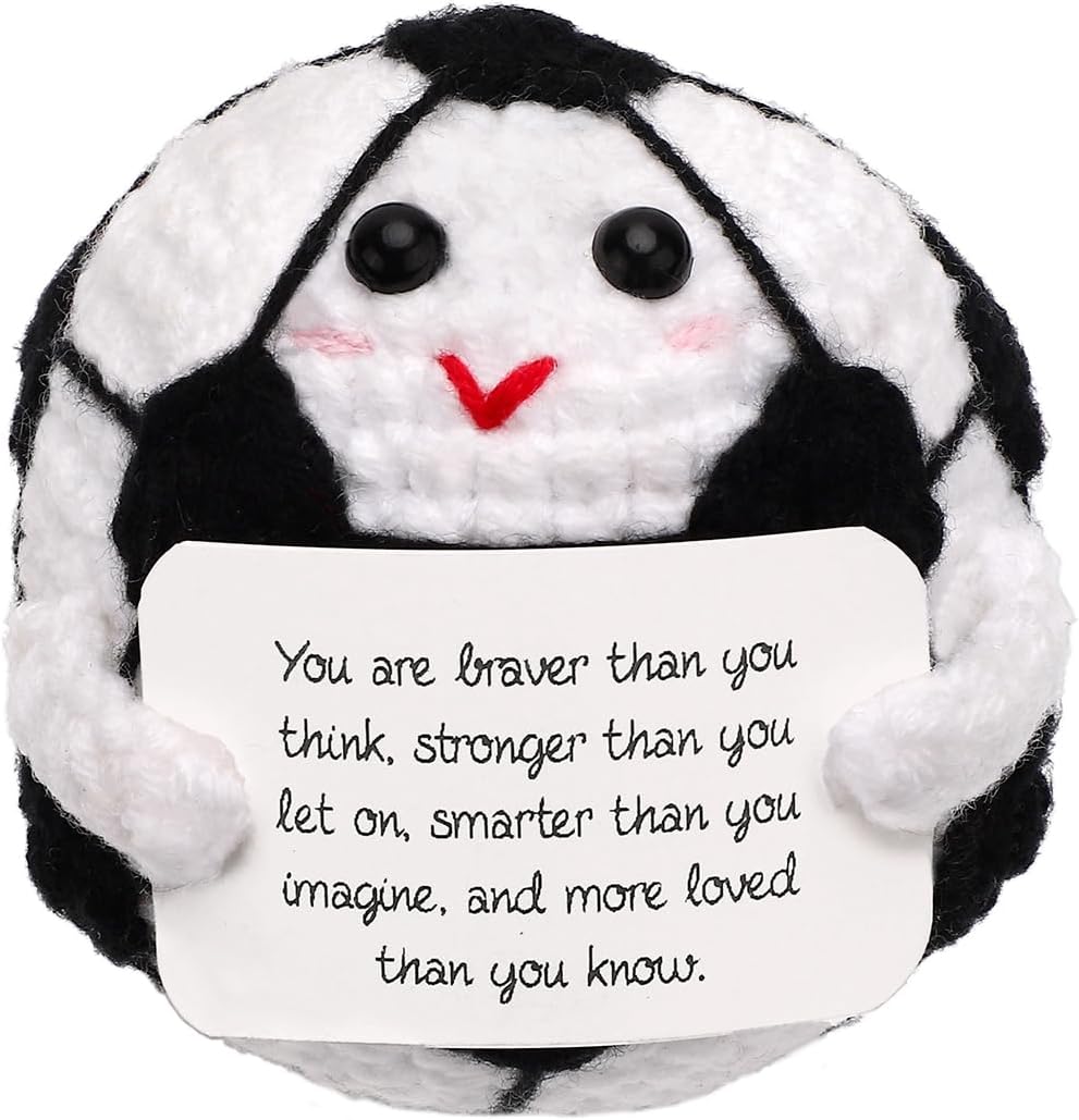 Positive Soccer Knitted Doll, Funny Crochet Soccer Ball Emotional Creative Knitted Ball with Encouragement Card Wool Inspiring Potato Gift for Friends Kids Birthday Decoration