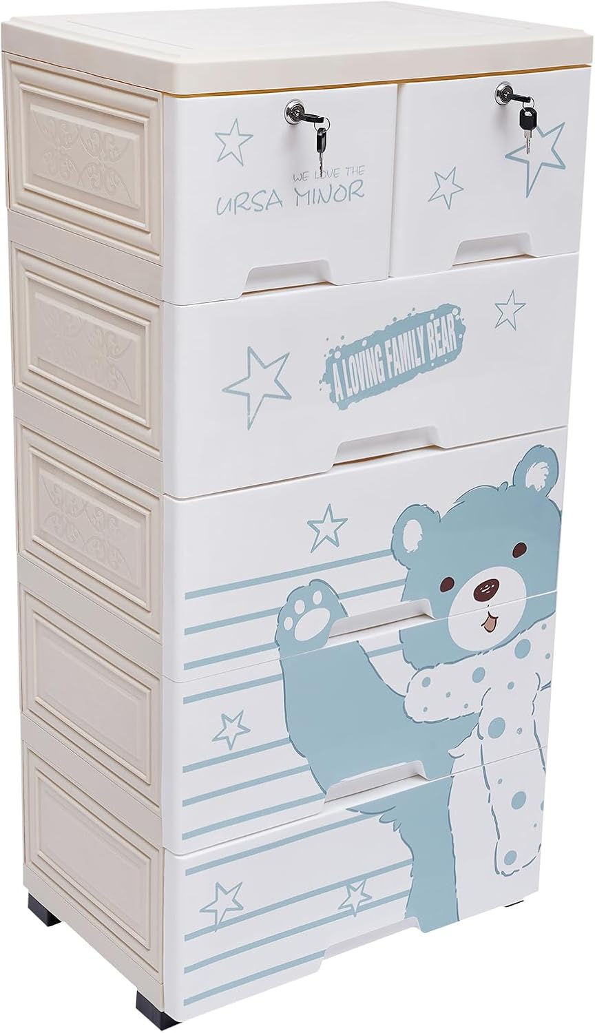 Dressers, 5 Layers Polar Bear Kid Dressers, 19.69 * 13.78in Plastic Vertical Storage Tower Cabinet with 6 Drawers and Wheel, Chest of Drawers for Bedroom Hallway Entryway