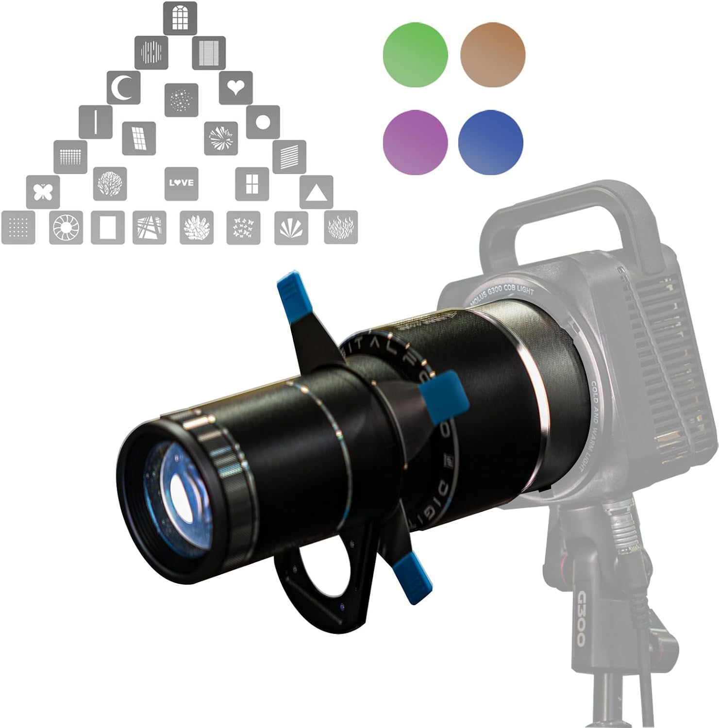 DF DIGITALFOTO Optical Snoot Bowens Mount Gobo Projector, 25 Gobos, 2nd Generation Projection Attachment for Photography Spotlight, Compatible with Aputure Amaran 100X/D 200D/X, Godox SL60, Focusable