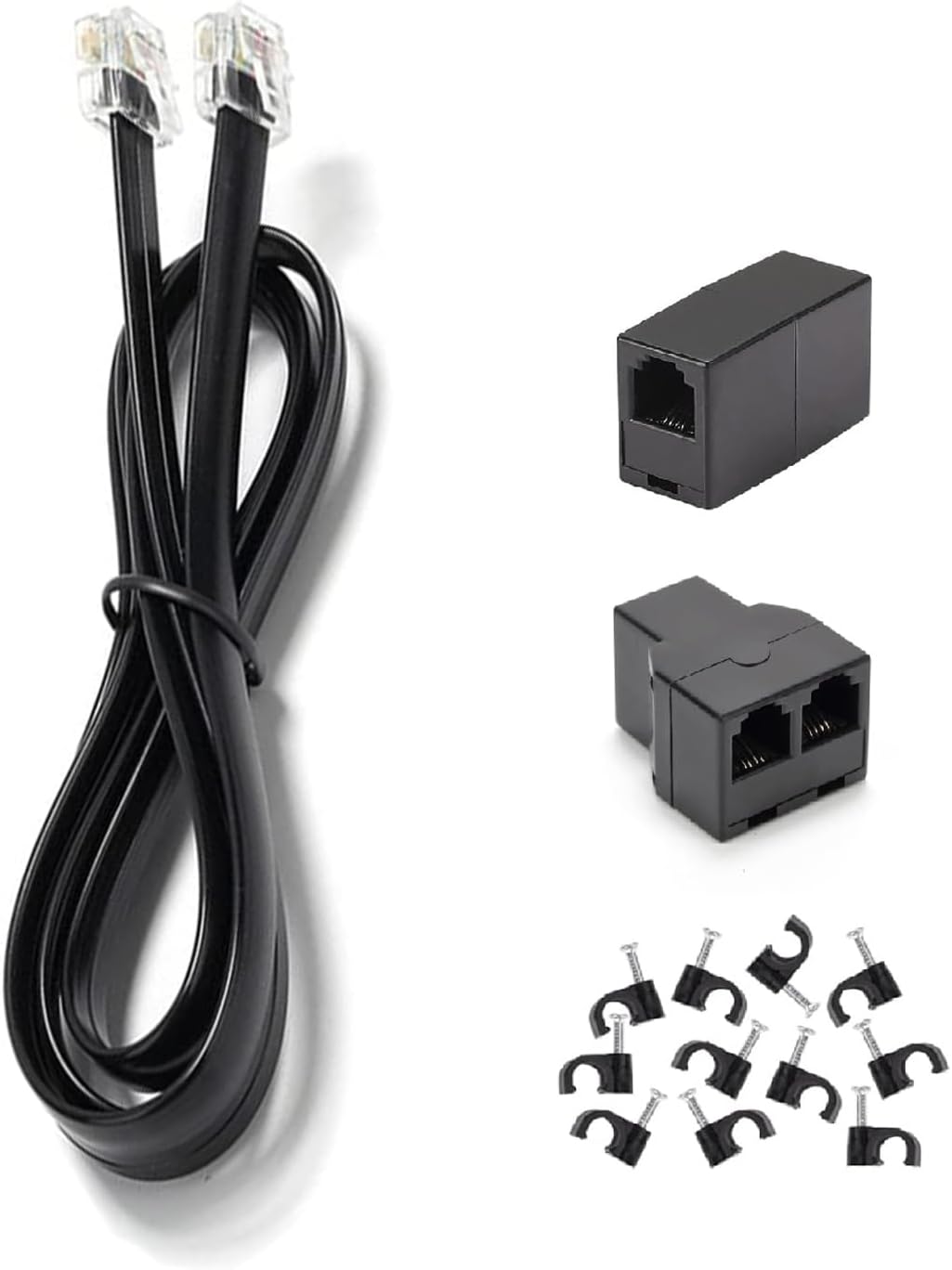 Long Telephone Extension Cord 6 FT, Black, Phone Cable Line Wire with Standard RJ11 Plug, 1 Phone Line Splitter, 1 in-line Coupler and 10 Cable Clips for Telephone Calling Communication