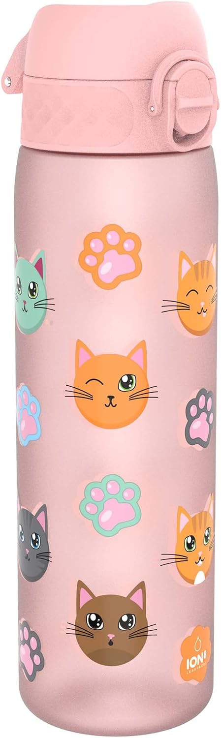 Ion8 Water Bottle, 500ml/18oz, Slim Leak-proof & BPA-Free Drinking Bottle, Secure Lock Prevents Spills, Dishwasher Safe, Carry Handle, Ideal for Adults & Kids - Travel, Gym & School, Cats