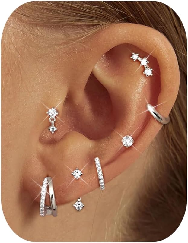7 Pairs Small Stud Hoop Earrings for Women -Hypoallergenic 14K Gold Plated Huggie Earring Sets for Multiple Piercing Dainty Earring Stacks Cute Silver Cartilage Jewelry Trendy Gifts