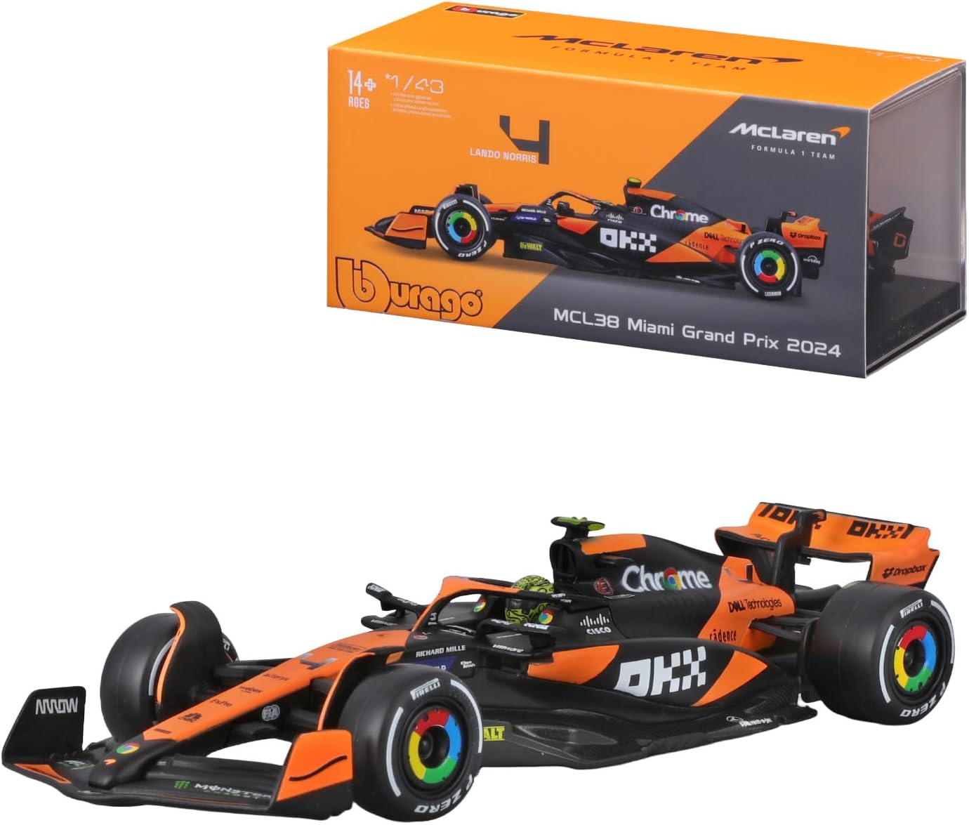 Bburago 1:43 2024 Race McLaren MCL38 with Helmet, Norris #4