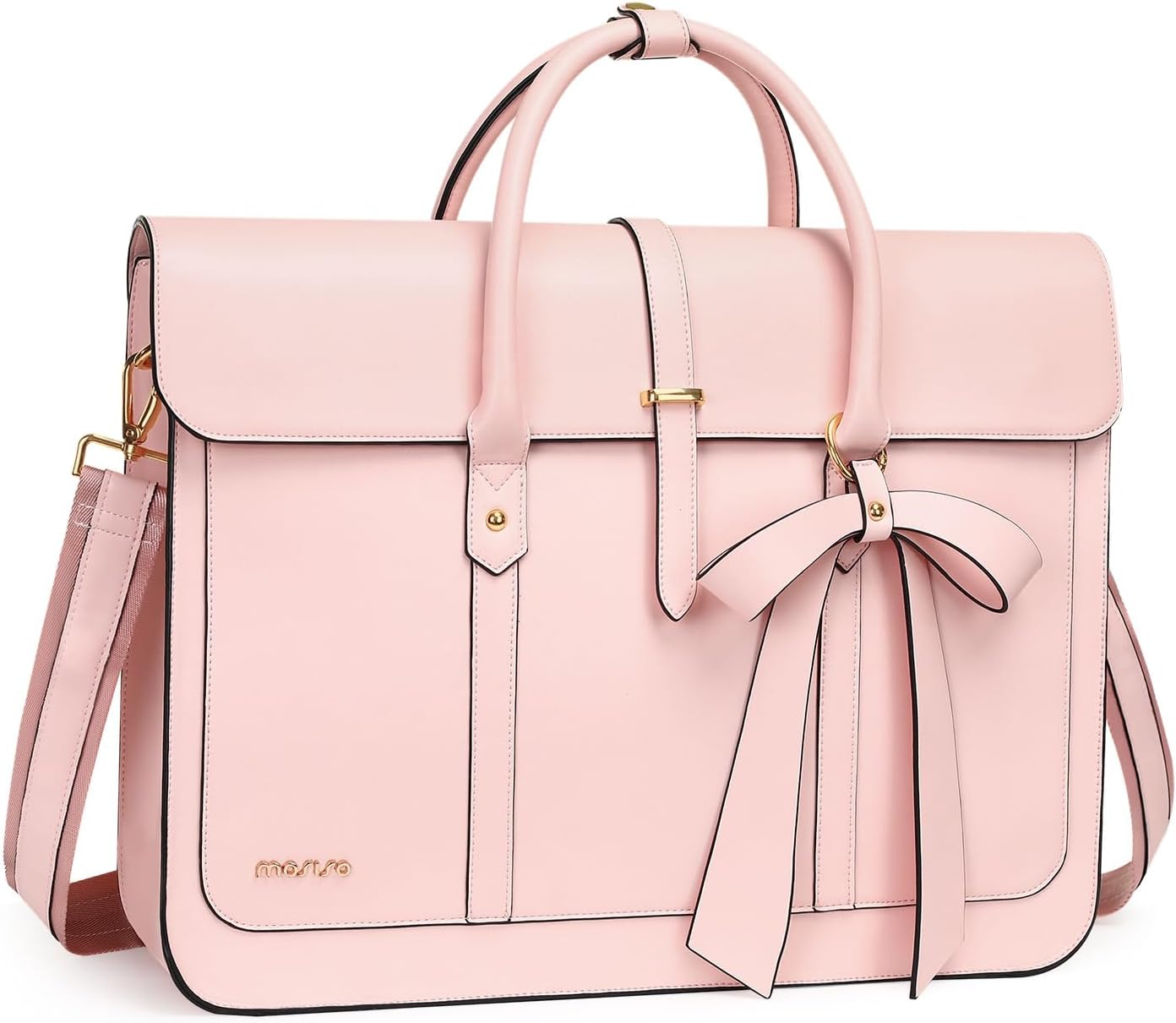 MOSISO Laptop Bag for Women, 15-15.6 inch PU Leather Laptop Shoulder Bag Convertible Backpack, 16 inch Messenger Bag Casual Handbag Work Briefcase Travel Computer Bag with Bowknot, Pink