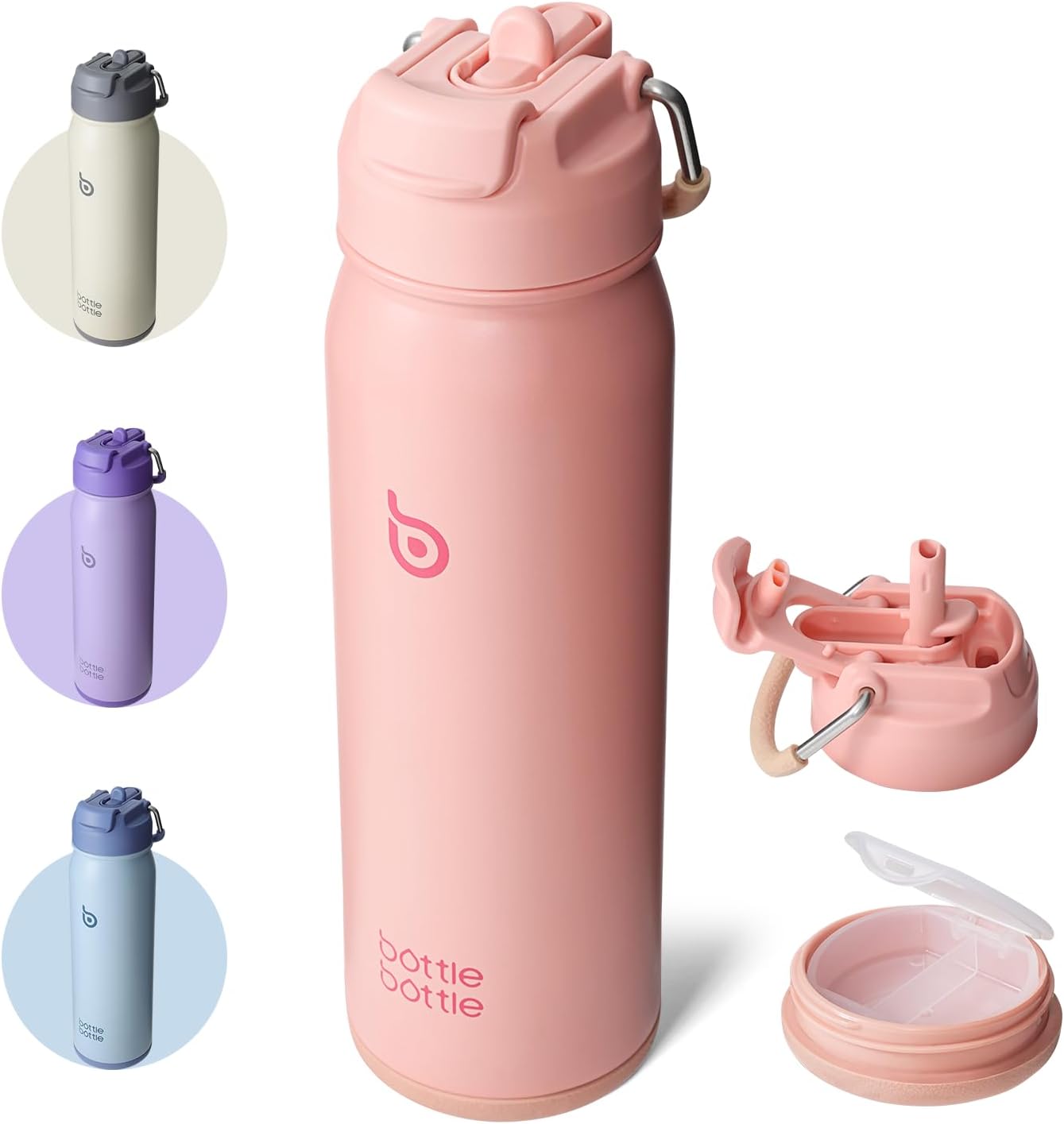BOTTLE BOTTLE Insulated Water Bottle Stainless Steel 700ml（24oz） Bike Water Bottles with Straw and Adjustable Lid Daily Drink Flask Pill Organizer (salmon)