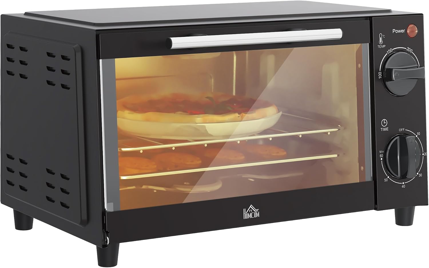 HOMCOM Mini Oven, 9L Countertop Electric Grill, Toaster Oven with Adjustable Temperature, Timer, Dishwasher Safe Baking Tray and Wire Rack, 750W, Black