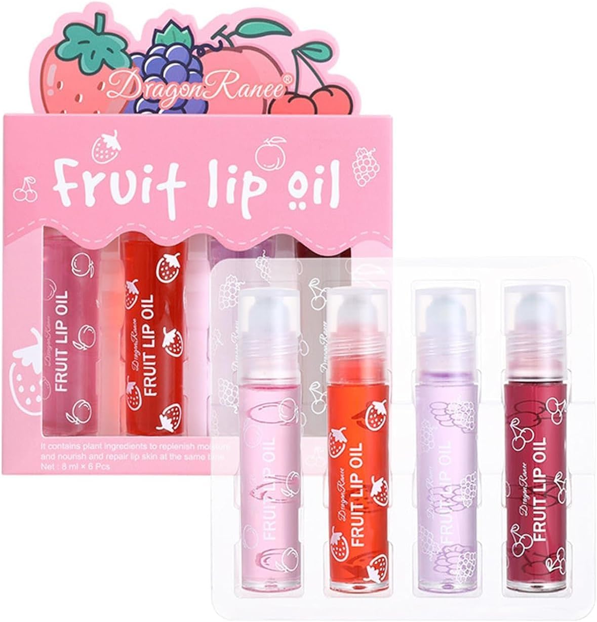 4Pcs Roll On Lip Oil Hydrating Lip Gloss Set, Lip Shine Fruit Lip Gloss, Transparent Plumping Lip Gloss Natural Shiny, Crystal Jelly Liquid Lipstick Long Lasting Lip Care for Women & Girl