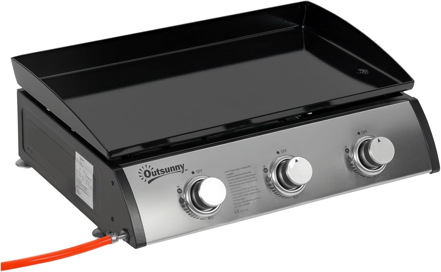 Outsunny Gas Plancha Grill with 3 Stainless Steel Burner, 9kW, Portable Tabletop Gas BBQ with Non-Stick Griddle for Camping Picnic Garden Party Festival