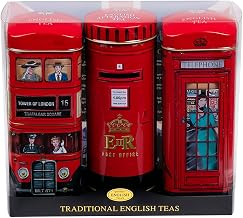 New English Teas British Souvenir 3x Tea Tins with 42 English Breakfast Teabags - Post Box, London Bus, Telephone Box, UK Foods