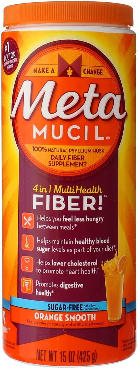 Metamucil Multi-Health Fibre by Meta, Orange Smooth Sugar Free 72 Teaspoons 15oz (Pack of 2)
