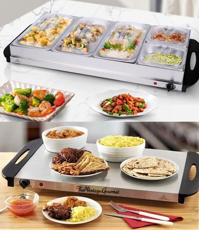 Vintage Gourmet® 5 Tray Food Warmer, All in One Buffet Server with Warming Plate Function,Turkey & Vegetables, Keeps Food Warm,Variable Temperature Control, Cool-Touch Handles 9.6 Litre 450W 85cm Wide
