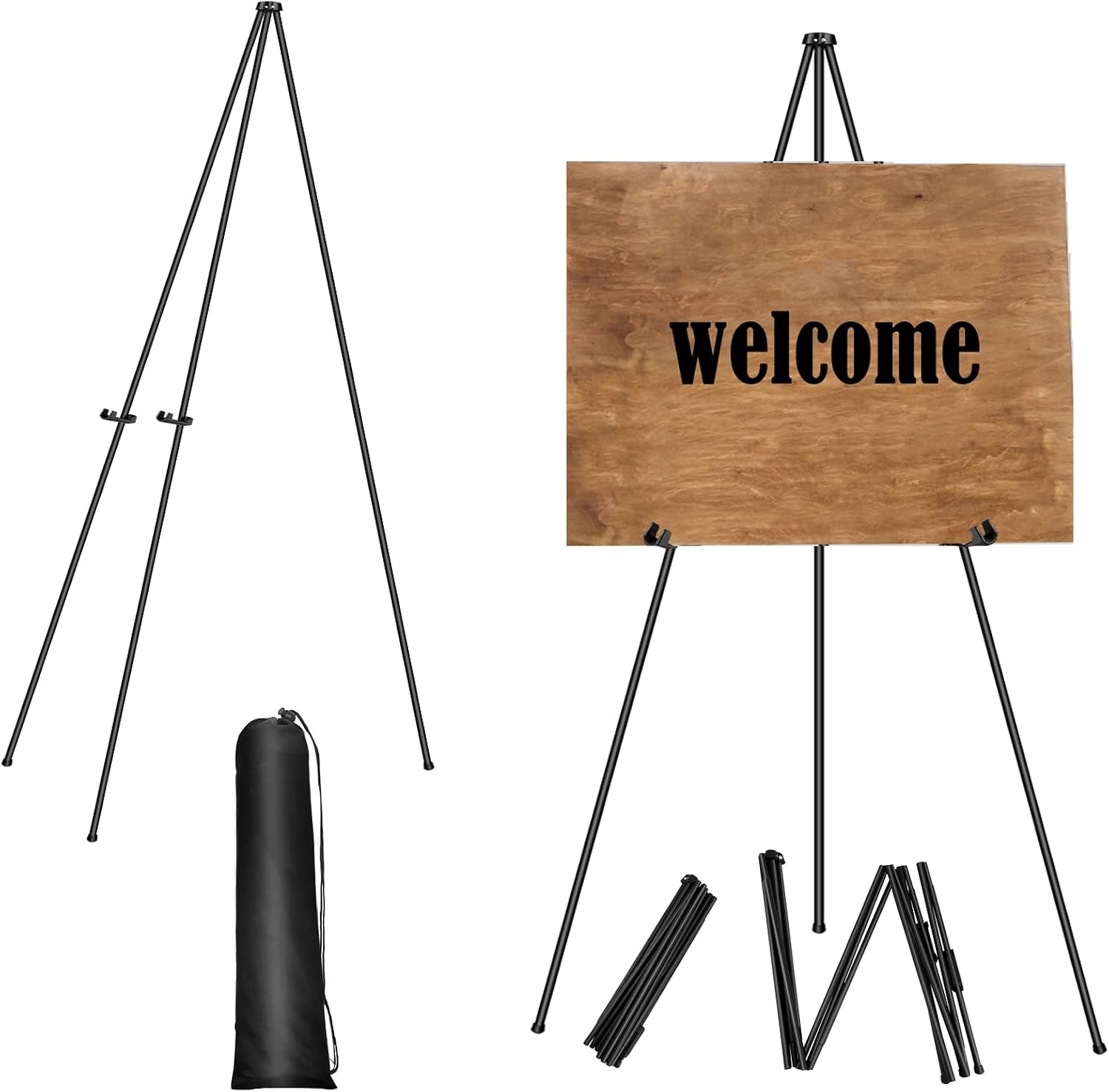 Display Easel Stand for Wedding Sign & Poster, 160cm/63'' Portable Artist Easel Display Metal Balck Easel Folding Tripod Easel for Floor, Retractable Adjustable Display Painting Easel, Easy to Fold