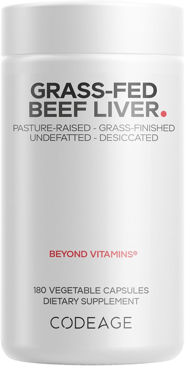 Codeage Grass Fed Beef Liver Supplement Superfood, Freeze Dried, Non-Defatted, Desiccated Glandulars Bovine Pills, Pasture Raised Beef Vitamins, Non-GMO Liver Meat, 180 Capsules