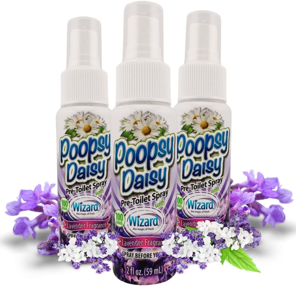 Wizard Poopsy Daisy Pre-Toilet Spray Deordorizer, Poop Odor Eliminator, Bathroom Spray Air Freshener, Long Lasting Fresh Lavender Scent, 3-Pack of 2 Fl Oz Bottles