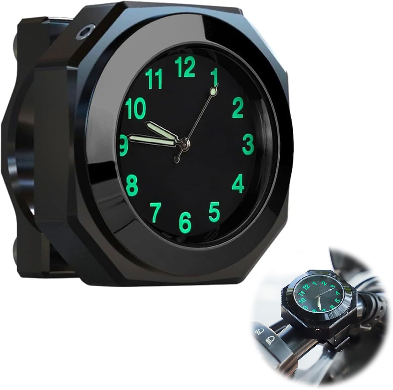 shirylzee Luminous Motorcycle Handlebar Watch Waterproof Motorbike Handlebar Quartz Clock for 22-28mm Handlebars, 3.3cm Diameter (Black)