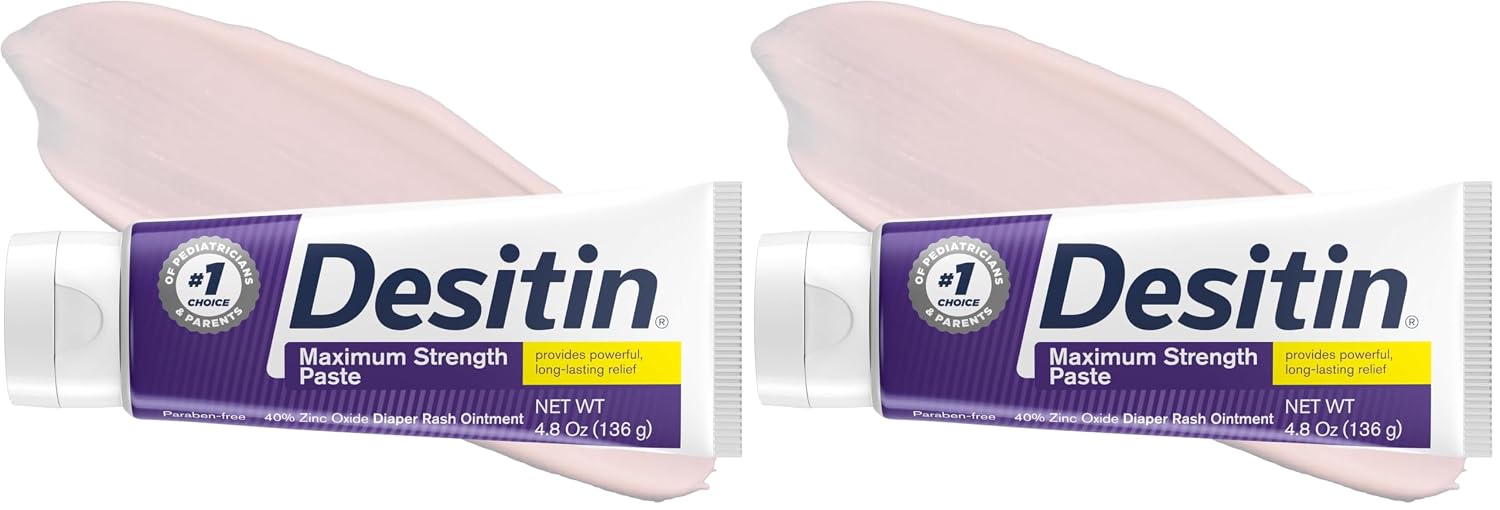 Desitin Maximum Strength Baby Diaper Rash Cream, 40% Zinc Oxide for Treatment, Relief & Prevention, Hypoallergenic, Phthalate- & Paraben-Free Paste, Protects Skin for 12 Hours, 4.8 oz (Pack of 2)