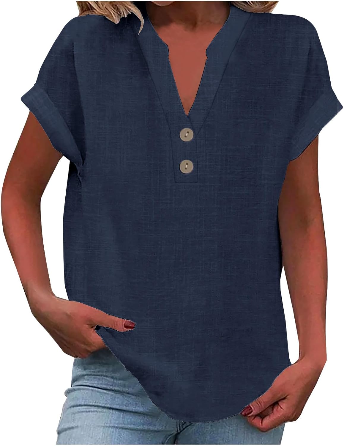 Women's Summer Cotton Linen Cap Sleeve T-Shirt Button Down V-Neck Loose Tunic Tops Fashionable Baggy Solid Color Plain Casual Shirts Trendy Lounge Blouses