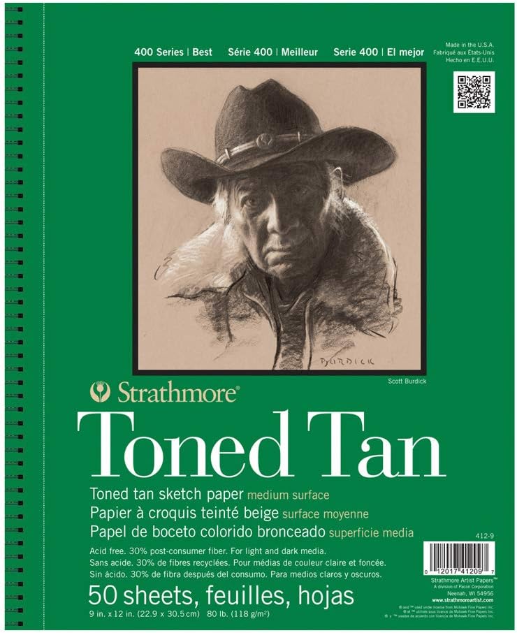 Strathmore 400 Toned 118gsm Paper Spiral Bound Sketchpad, Fine Grain, 9 x 12 in, 50 Tan Sheets, For Professionals & Students
