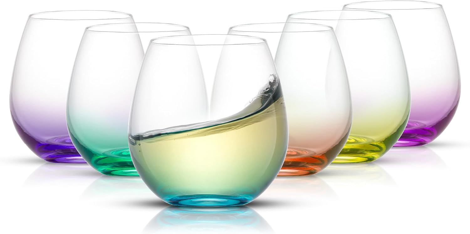 JoyJolt Hue Stemless Wine Glass Set, Large 15 oz Stemless Wine Glasses Set of 6 for White Red or Water, Short Glass Tumblers, No Stem Margarita Glasses, Colored Tumbler