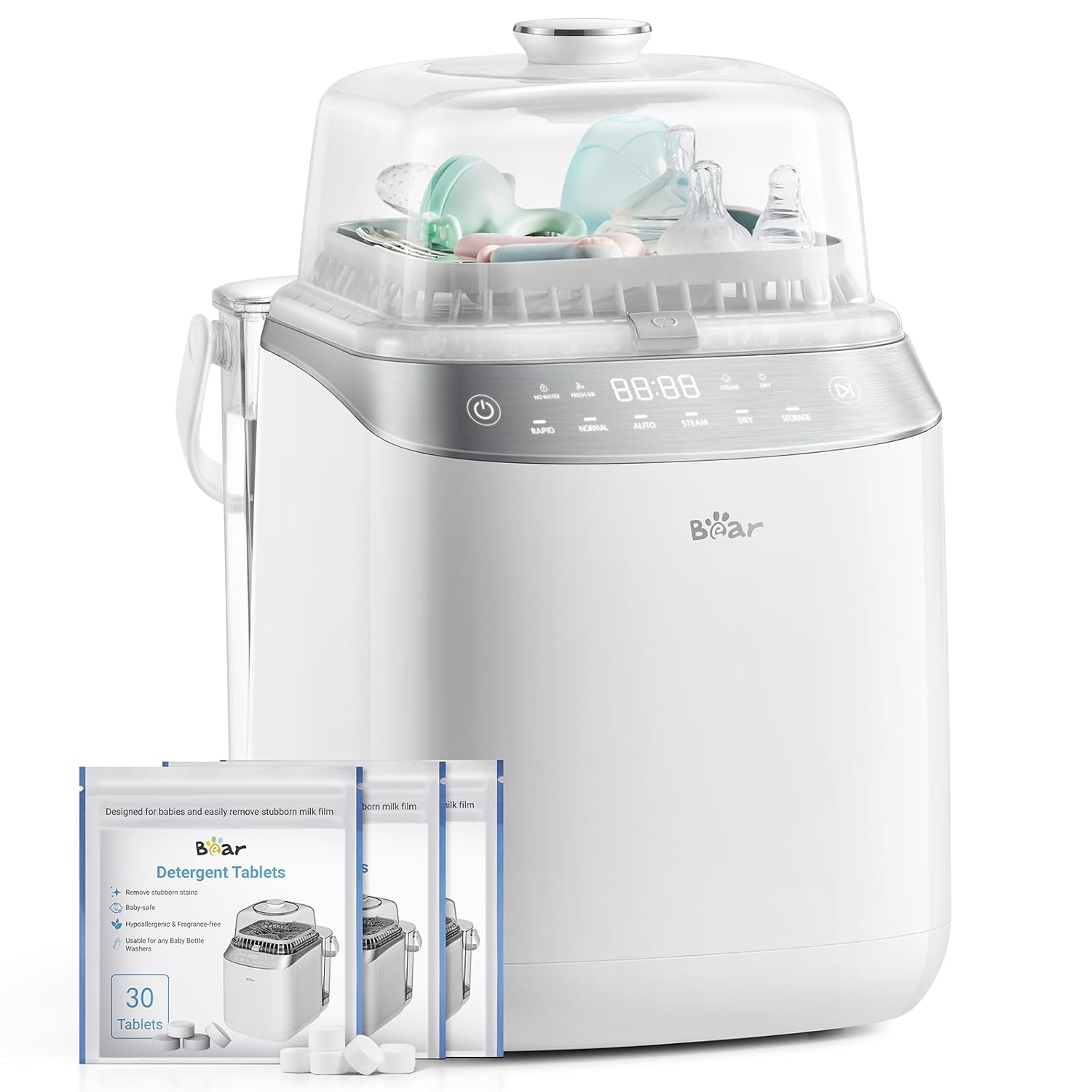 Bear Baby Bottle Washer Sterilizer Dryer All-in-One, 90 Detergent Tablets | Fits Bottles Pump Parts & Feeding Essentials, Deep Clean, Steam Sterilize & Fast Dry, Time-Saving Hands-Free
