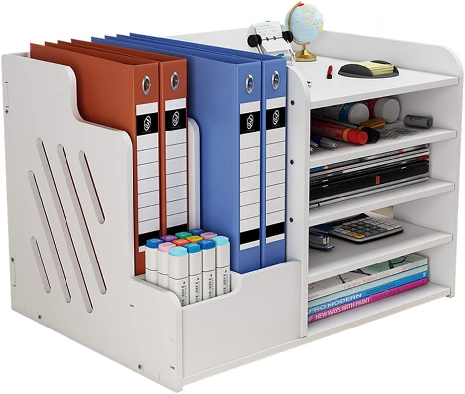 NUODWELL White Desktop Organiser, Large Capacity Desk File Organiser Office Stationery Desk Tidy Storage Rack Sorter for A4 Papers, Pens, Books, Letters and Documents (PB07-3)