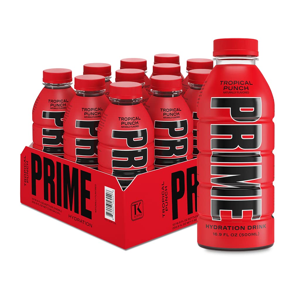 PRIME Hydration TROPICAL PUNCH, Sports Drinks, Electrolyte Enhanced for Replenishing Fluids, 250mg BCAAs, B Vitamins, Antioxidants, Low Sugar, 16.9 Fl Oz, 12 Pack