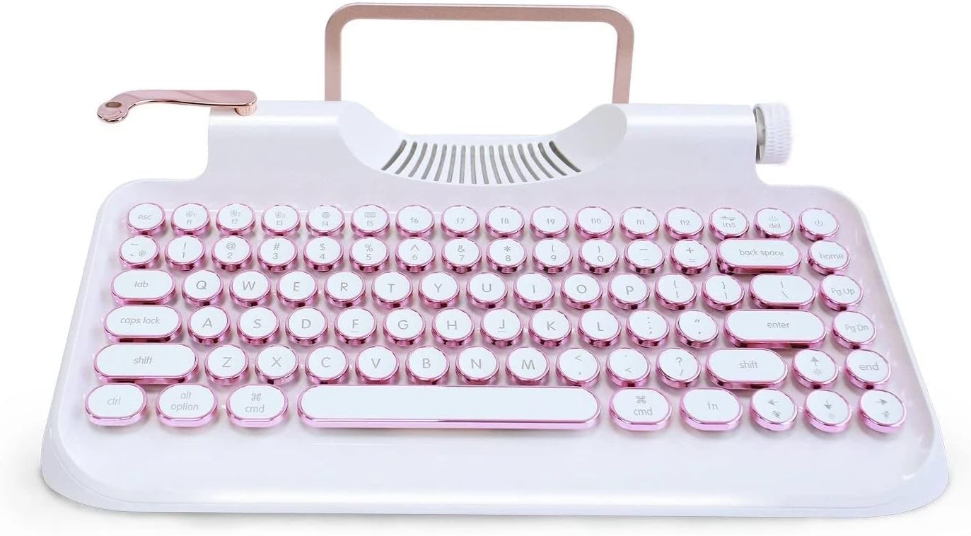 Andana Rymek Typewriter Style Mechanical Wired & Wireless Keyboard with Tablet Stand, Bluetooth Connection (white)