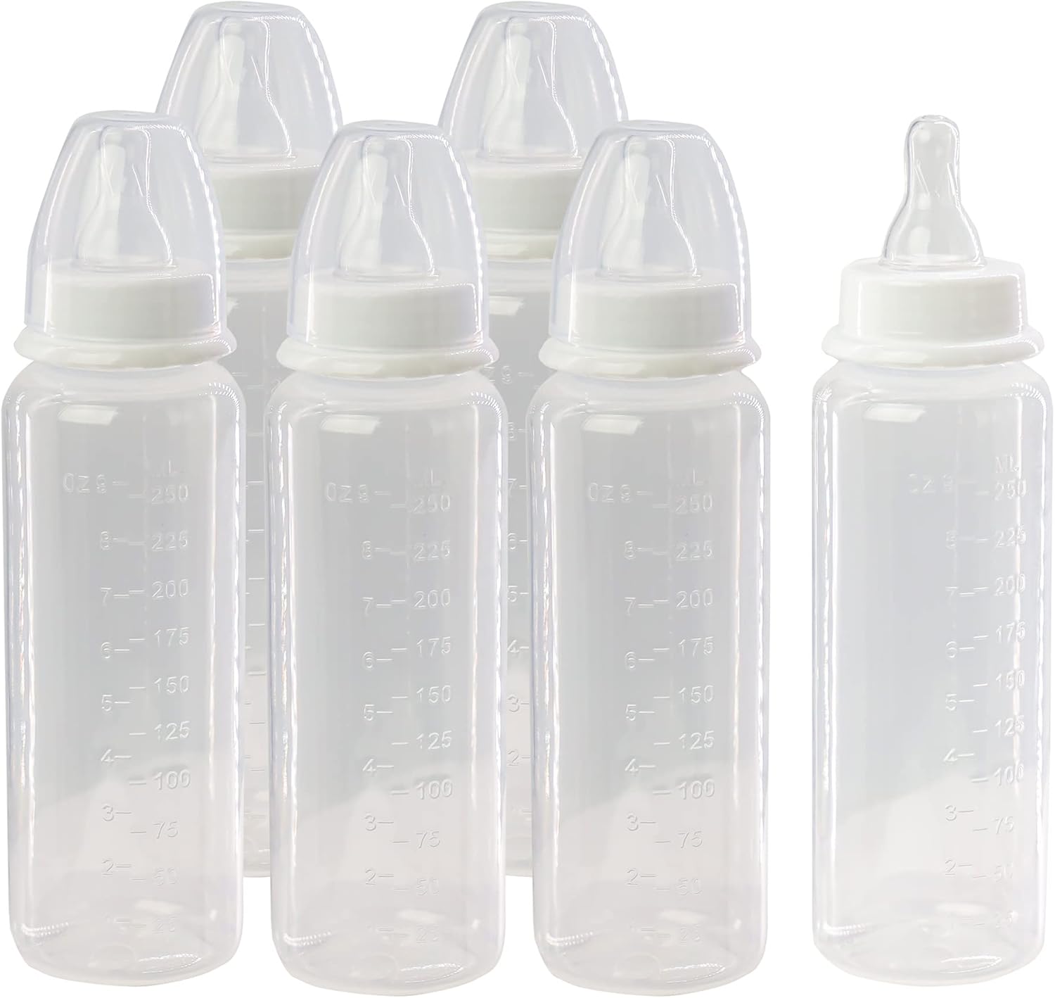 6 Pack of Baby Milk and Water Bottles, Soft Silicone Medium Flow Teats 250ml 8.4oz, Great for Home Nursery or Travel Bags, 0+ Months