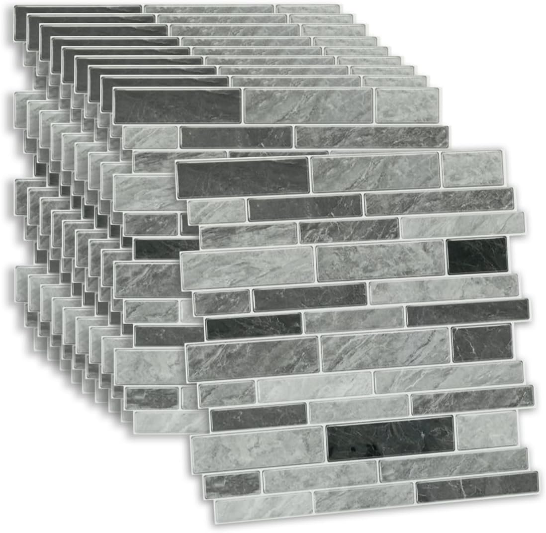 Tile Stickers Grey White 30.5x30.5cm 10pcs, Self Adhesive Wall Tiles Marble, Peel and Stick Wall Waterproof, Removable Stick on for Kitchen Backsplash