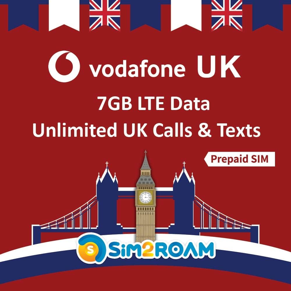 Vodafone UK Sim Card - 7GB at 4G LTE High Speed Data + Unlimited UK Minutes & Texts | United Kingdom Sim Card