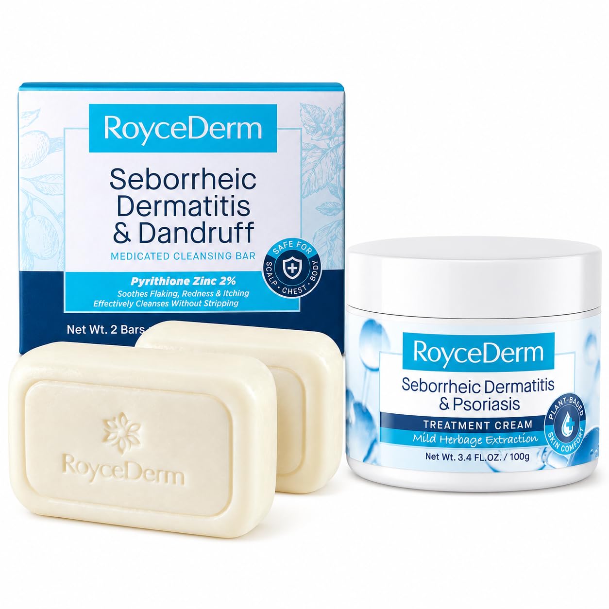 Roycederm Seborrheic Dermatitis & Dandruff Care Bundle – 2% Pyrithione Zinc Medicated Bar Soap 4 Oz Pack of 2 + Soothing Scalp & Skin Cream, Helps Relieve Itching, Redness, Flaking & Scaling