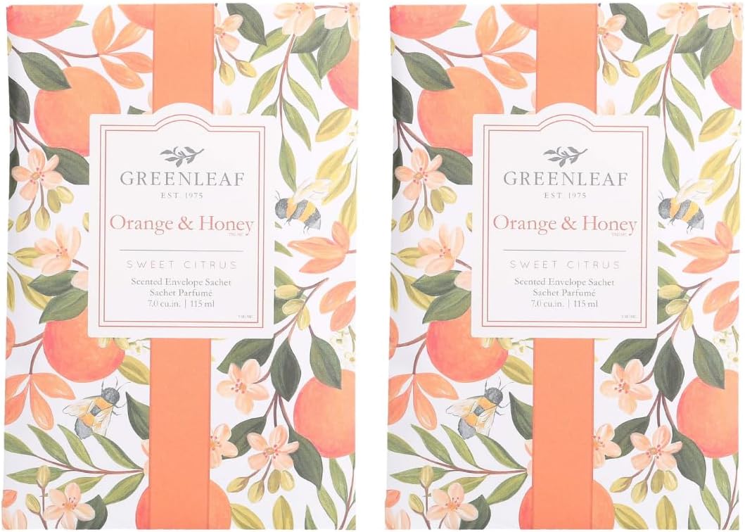 Greenleaf 2 pack of ORANGE & HONEY Large Scented Sachet Bag, Drawer Fragrance Wardrobe Air Room Freshener for Living Room Bedroom Bathroom Laundry Basket or Car - Fragrance Notes of Fruits & Vine