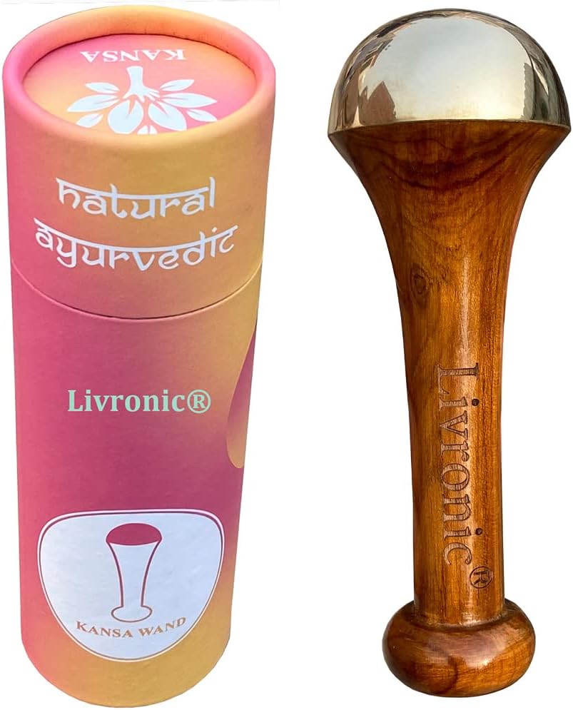 Livronic Kansa Wand for Face,Body & Foot Massager with Teak Wooden Handle Small Bronze Capped Small Kansa Wand for Deep Relaxation 4.5 Cm Natural Brown