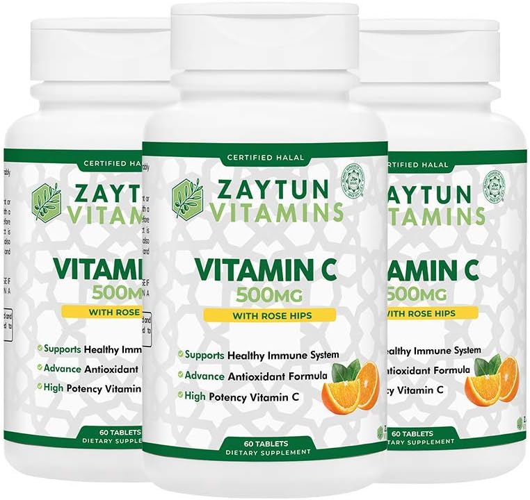 Halal Vitamin C 500mg Tablets (3-Pack) with Rose HIPS Supports Immune Health, Natural Antioxidant with Citrus Bioflavonoids, Gluten-Free, Vegan, 60 Tablets - Halal Vitamins