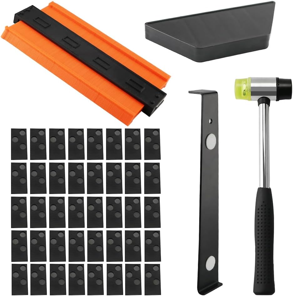 Laminate Flooring Installation Kit and Contour Gauge Profile Tool with Lock, with 40 Spacers, Double Headed Mallet, Tapping Block & Pull Bar, for Woodworking and Laminate Wood Flooring