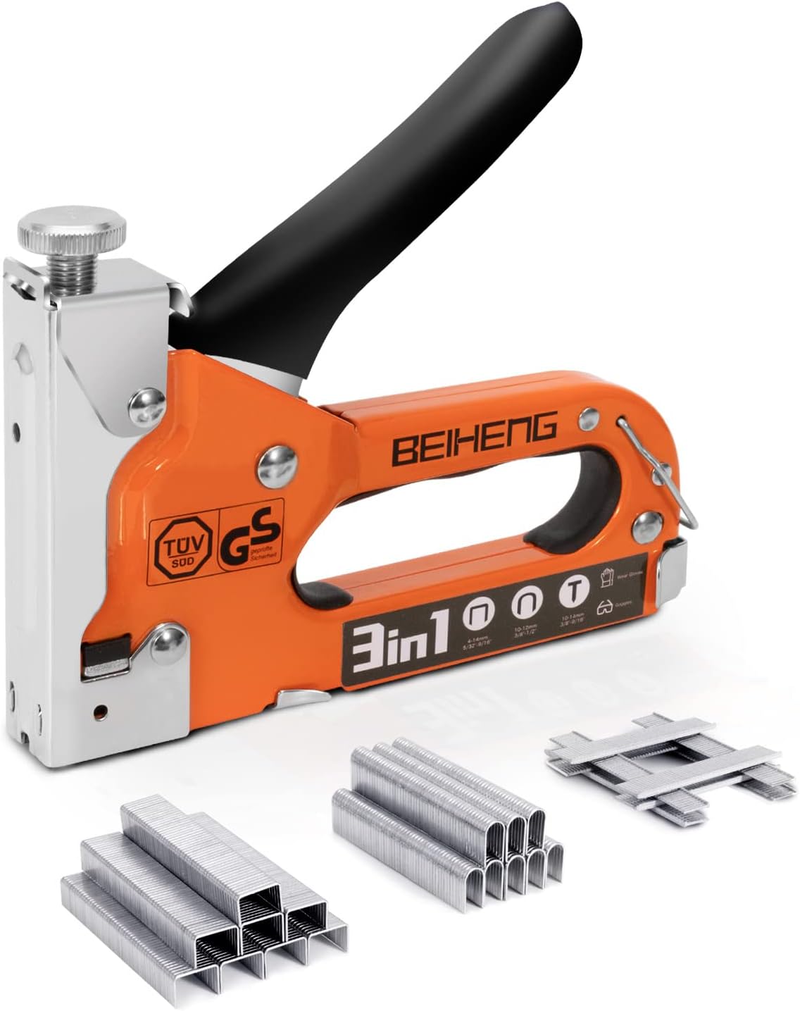 Heavy Duty Staple Gun, BeiHeng 3 in 1 Upholstery Staple Nail Steel Gun with 1200 Staples, Manual Brad Nailer Power Adjustment Stapler Gun for Wood, Crafts, Carpentry, Decoration DIY