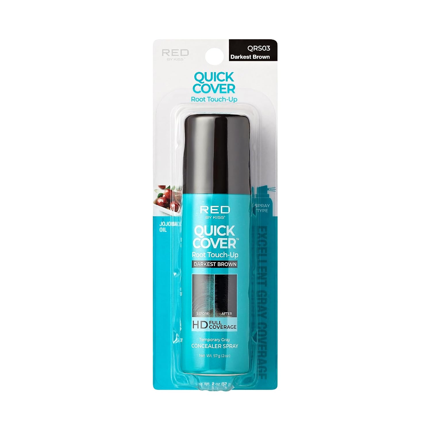 Red by Kiss Quick Cover Root Touch-Up Spray, Waterproof & Smudge-Proof Gray Coverage, Quick-Dry Formula with Jojoba Oil, Lightweight & Travel-Friendly (Darkest Brown, 2oz)
