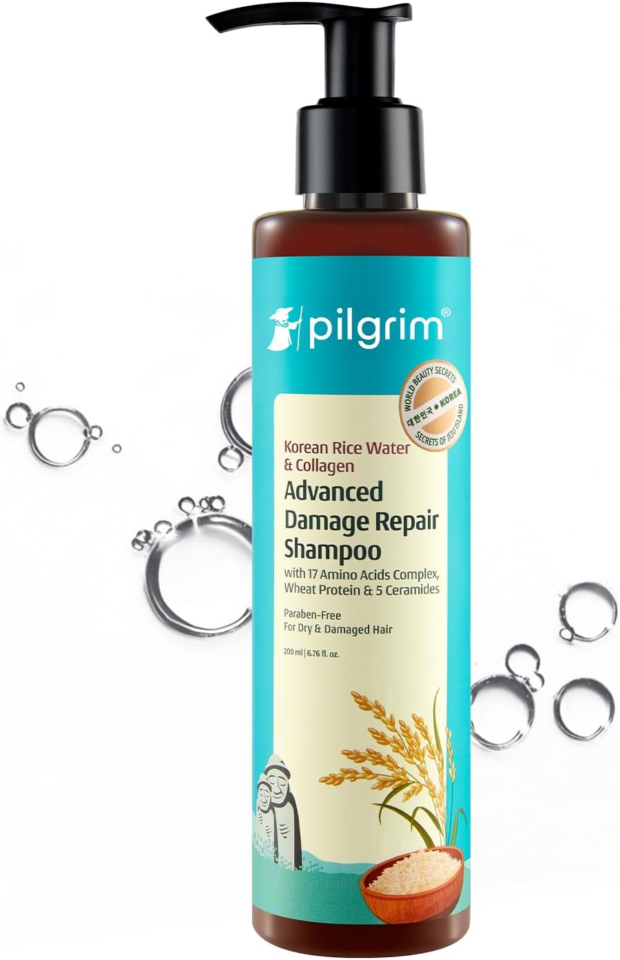 Pilgrim Korean Rice Water & Collagen Advanced Damage Repair Shampoo - 200ml | with 17 Amino Acids, Wheat Protein & 5 Ceramides | Paraben-Free | For Dry & Damaged Hair | For Women and Men