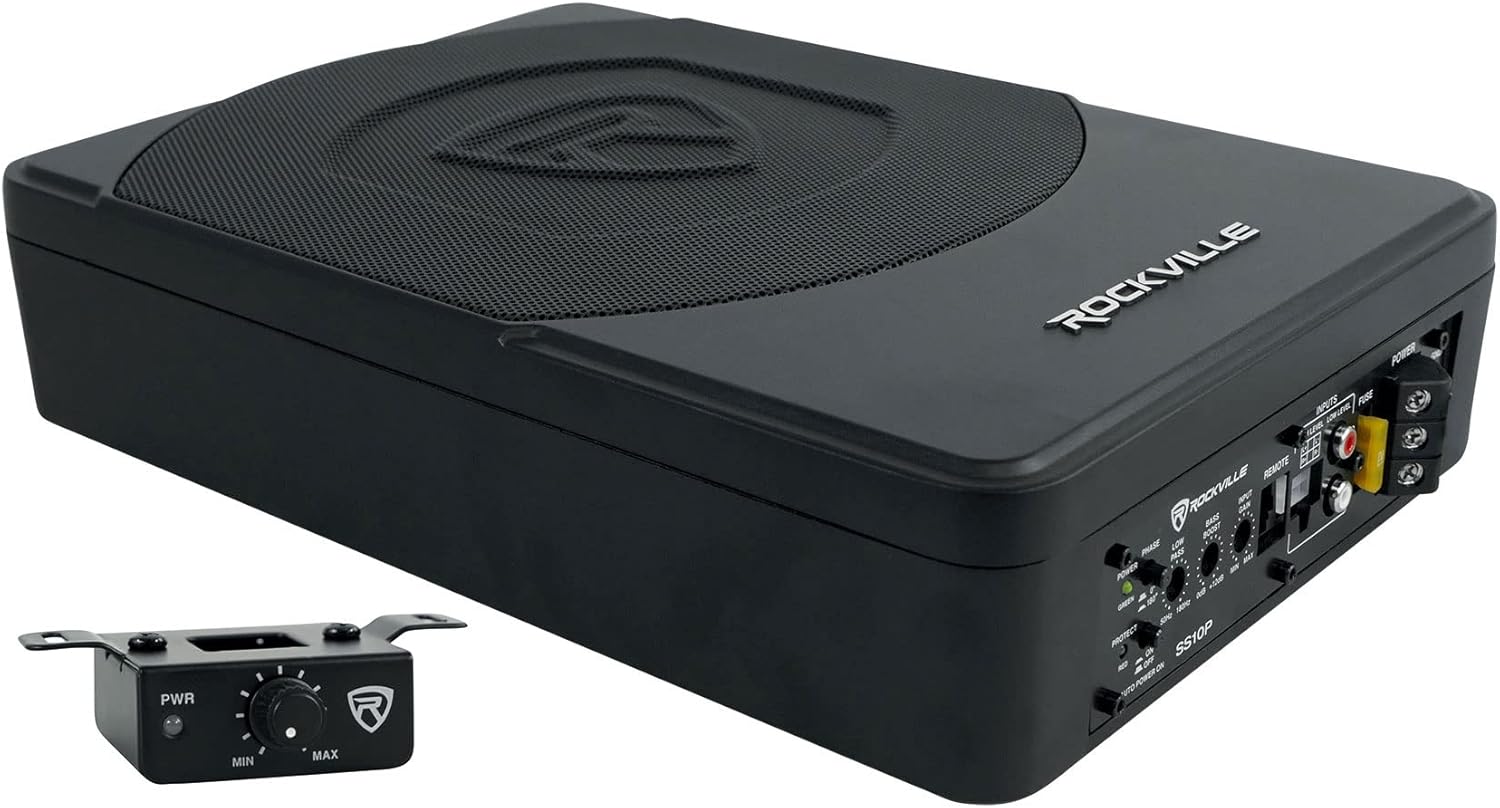 Rockville SS10P 800W Slim Under-Seat Active Car/Truck Subwoofer, Built-in Amp, Wired Remote Bass Knob, Cast Aluminum, for Car Audio Upgrades