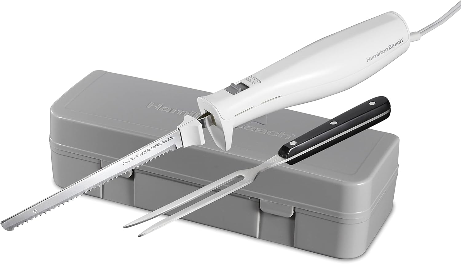 Hamilton Beach Electric Knife Set for Carving Meats, Poultry, Bread, Crafting Foam & More, Reciprocating Serrated Stainless Steel Blades, Ergonomic Design Storage Case + Fork Included, 5 Foot Cord