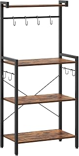 HOOBRO Bakers Rack for Kitchen with Storage, 4 Tier Microwave Stand, Multifunctional Baker's Rack with 8 Hooks, Wooden Kitchen Storage Shelf, Stable Metal Frame, Easy Assembly, Rustic Brown BF04HB01