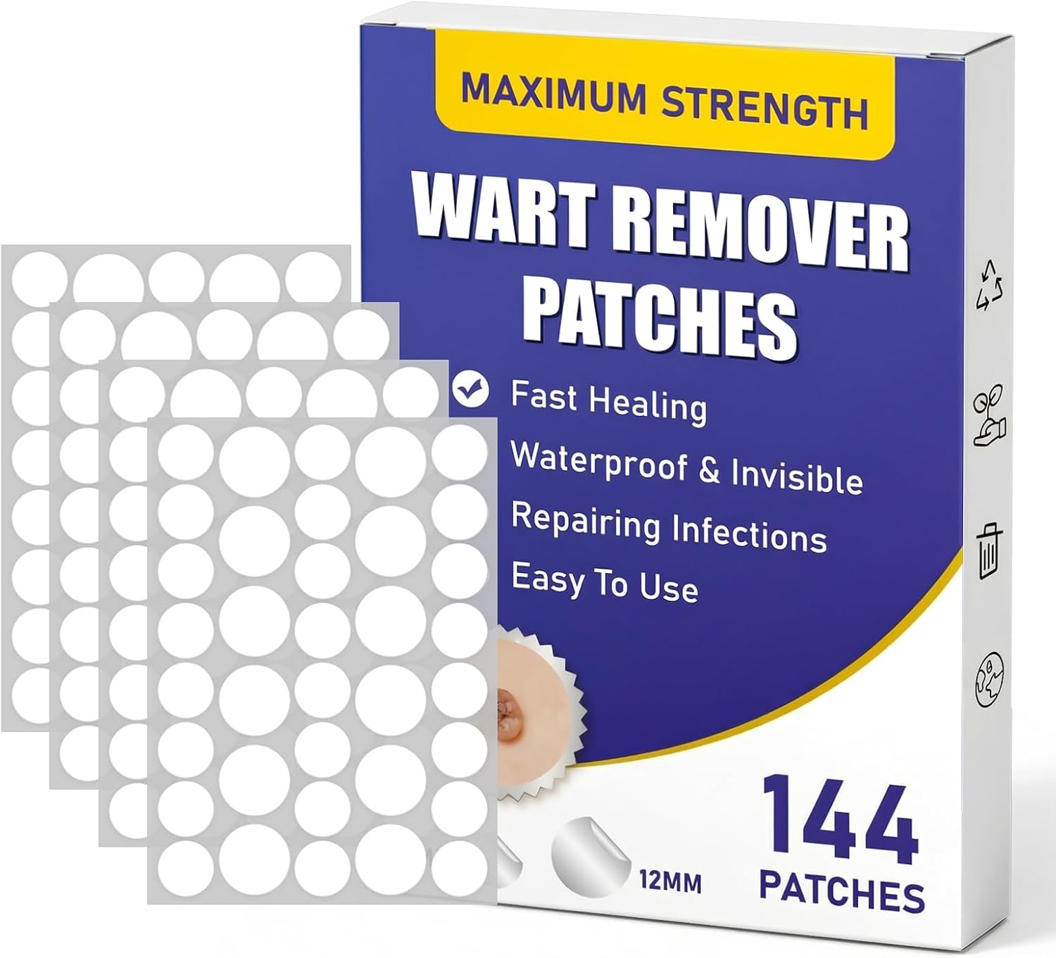 QIYANA Wart Remover Patches, 40% Salicylic Acid Hydrocolloid Patches, Enhanced Adhesive Waterproof Invisible Stickers for Common Plantar Warts, Skin Bumps on Fingers Feet Toes,144 Patches